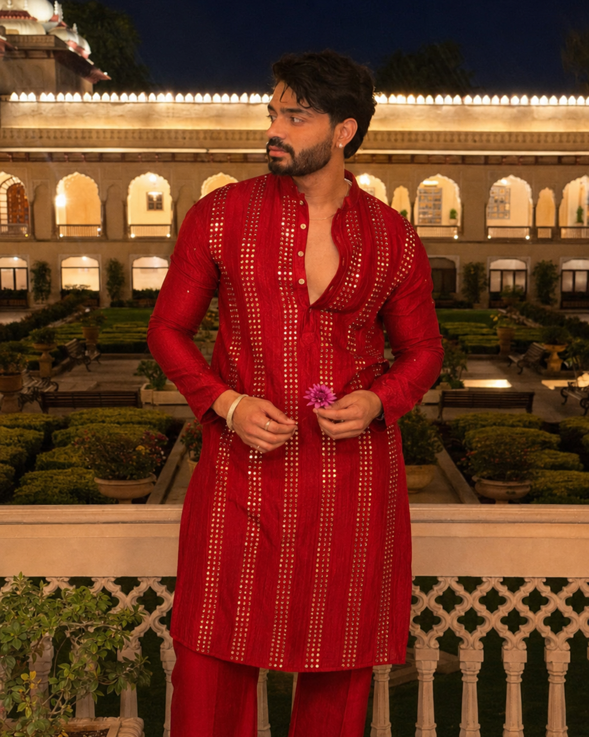 Striking red mirror work kurta